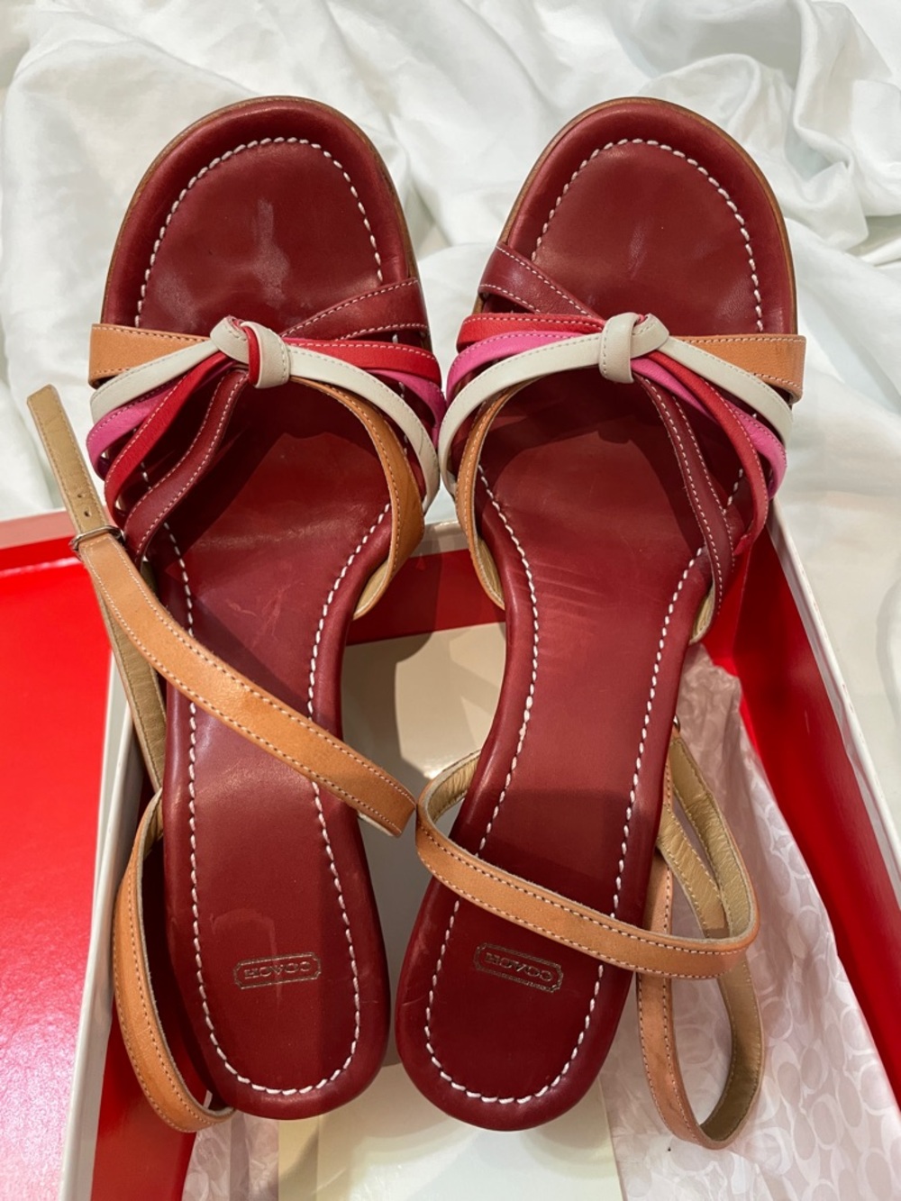 •COACH• Trista Calf Leather Wedge Sandals - Red Multi >> Made in Italy